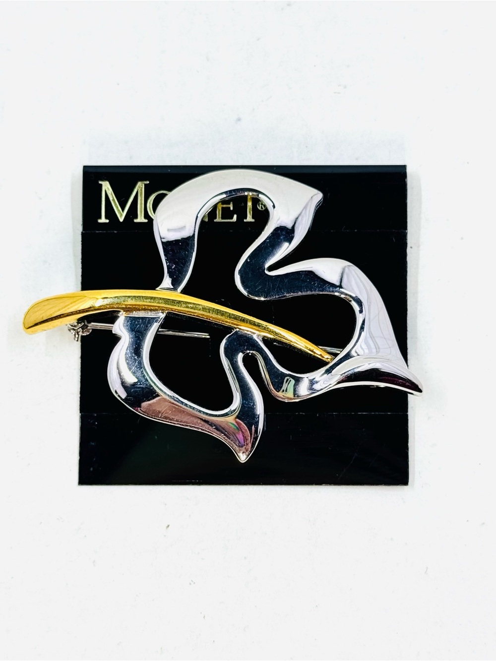 Monet Polished Silver & Gold Abstract Floral Leaf Brooch New Old Stock